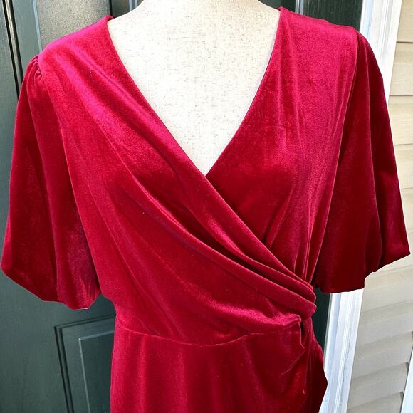 DKNY Red Velvet Surplice Neckline Puff Sleeves Dress Sz 12 Holiday Event Party - Picture 2 of 7
